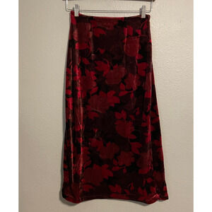 Vintage Womens Maxi Skirt Petite Small Red Floral Velvet Pull On Whimsigoth 90s